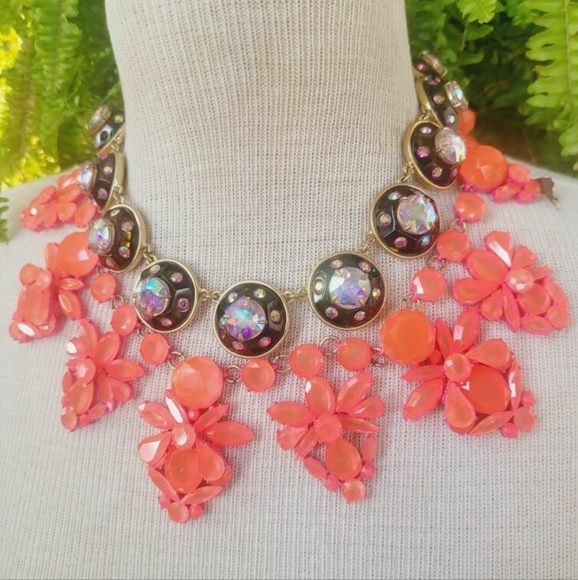 J. Crew Orange and Pinky-Orange Neon Crystal Statement Necklace and Earrings Set - Picture 4 of 10